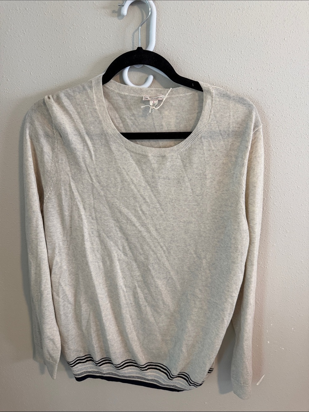 GAP Light Cream Crewneck Sweater with Navy Stripe Hem